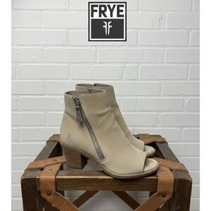 🔥Frye‎ 🤎Tan Italian Suede 🤑Peep Toe Ankle Boots Side Zip Stacked Heel Size 9M